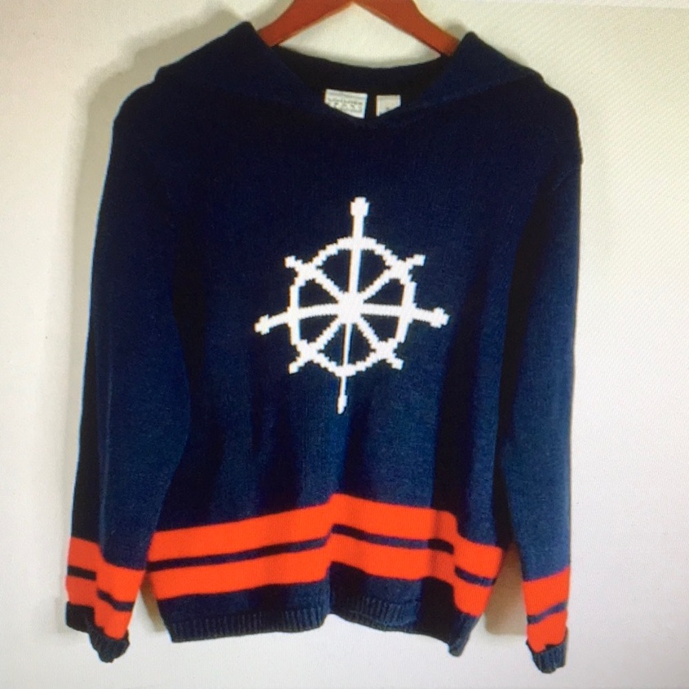 villager Navy Blue & Red Hooded Turtleneck Sweater with White Ship Wheel